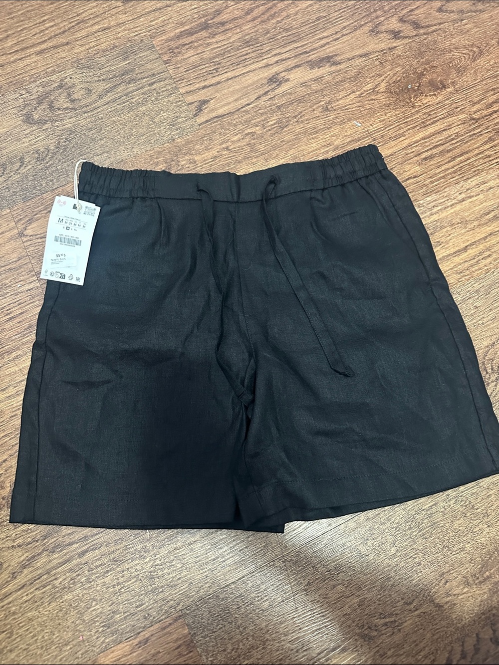Zara 100% linen Black High-Waist Drawstring Women's Shorts